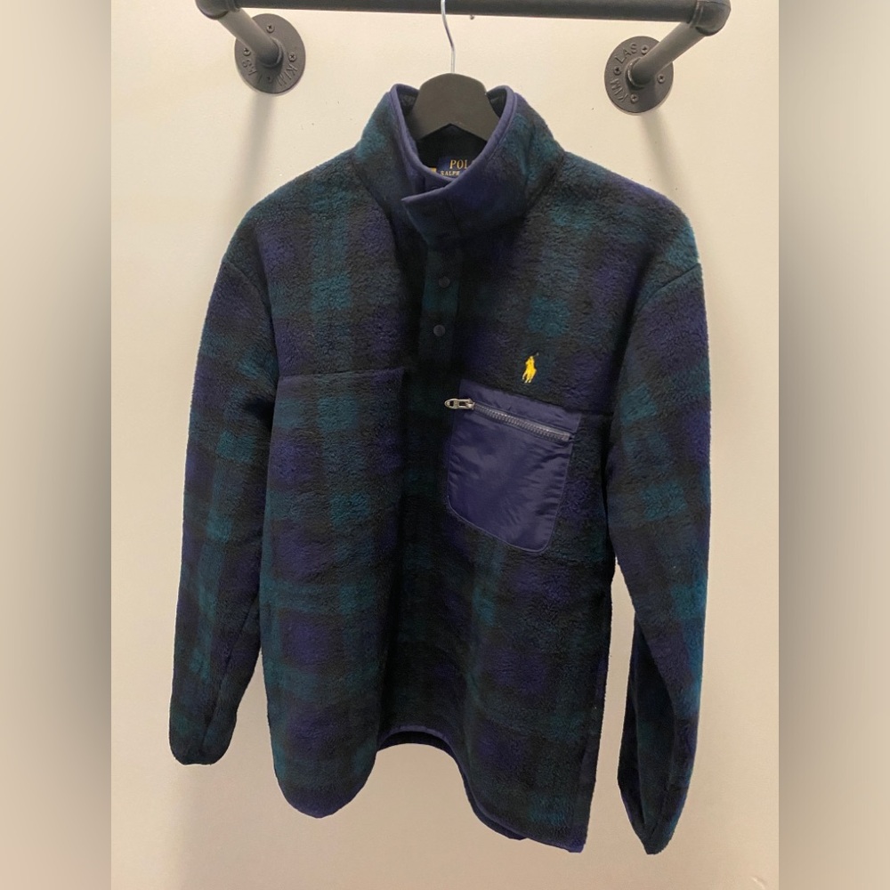 Polo Ralph Lauren Gold Pony Blackwatch Plaid Fleece 1/4 Zip Sweater Size Medium